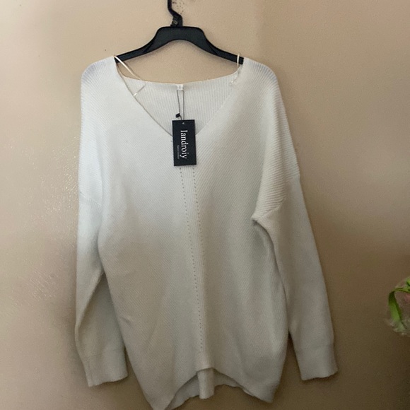 Landroiy white v neck soft sweater - Picture 1 of 15